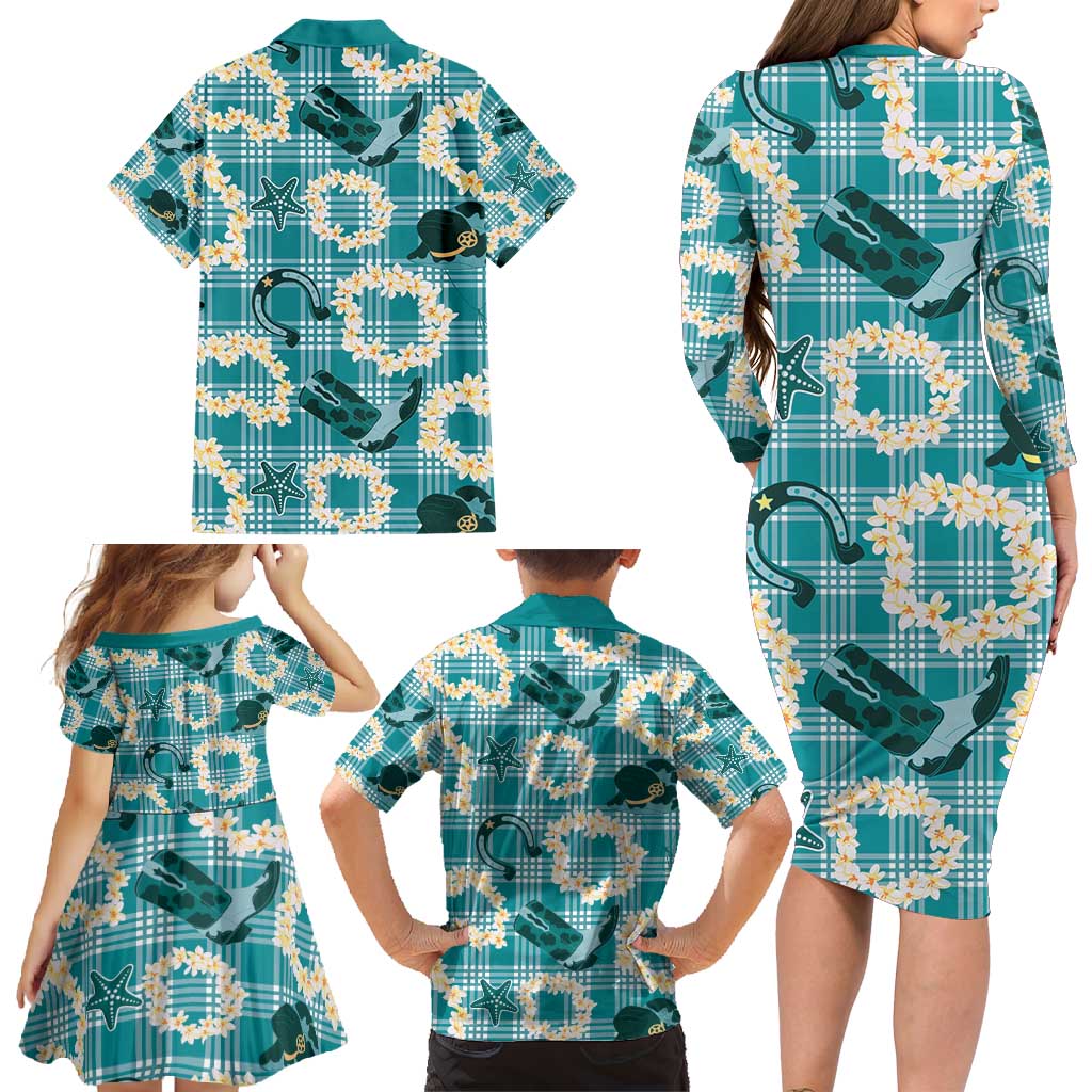 Aloha Hawaii Paniolo Teal Palaka Family Matching Long Sleeve Bodycon Dress and Hawaiian Shirt Coastal Rodeo LT7 - Polynesian Pride