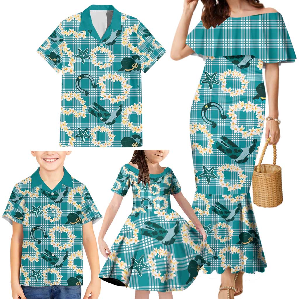 Aloha Hawaii Paniolo Teal Palaka Family Matching Mermaid Dress and Hawaiian Shirt Coastal Rodeo LT7 - Polynesian Pride