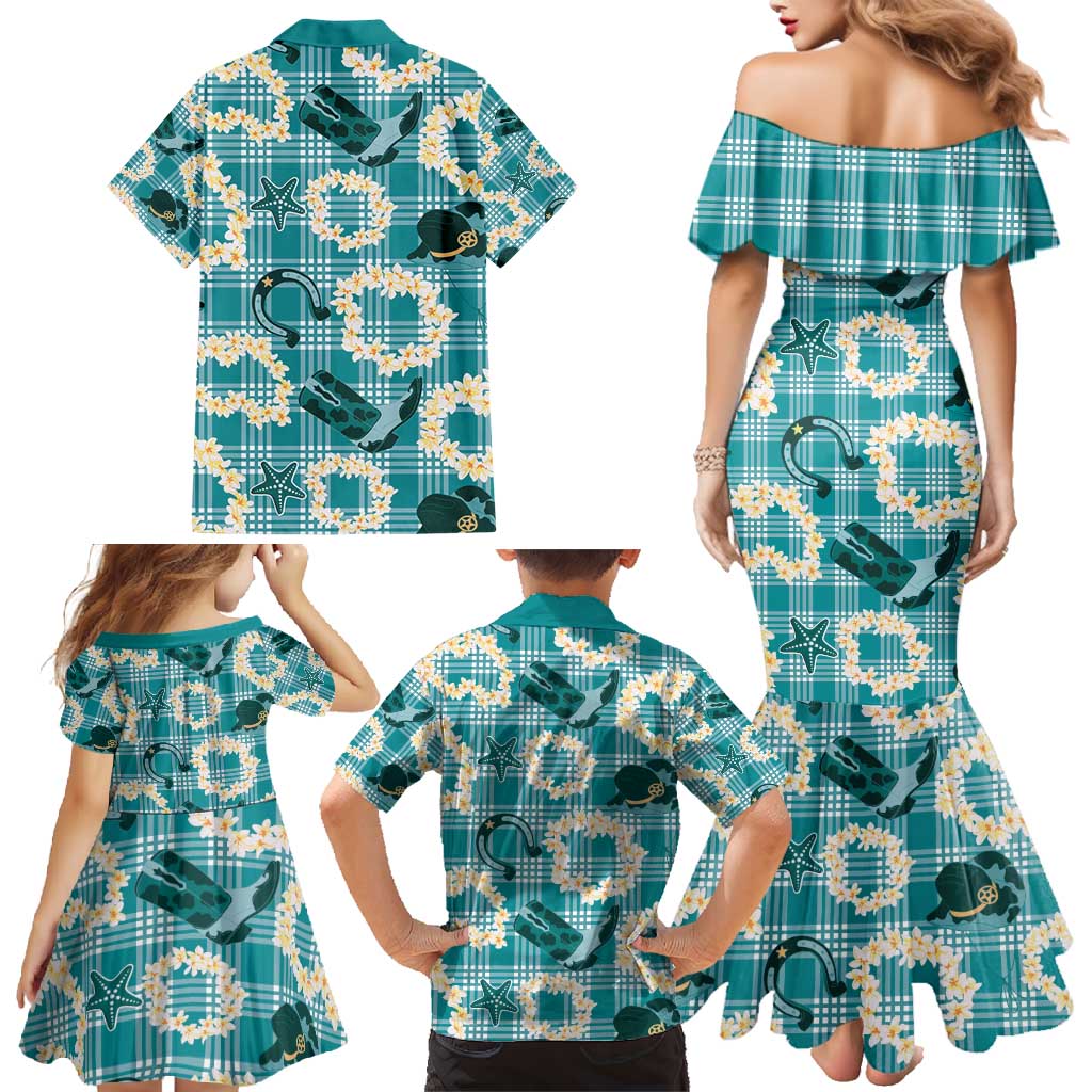 Aloha Hawaii Paniolo Teal Palaka Family Matching Mermaid Dress and Hawaiian Shirt Coastal Rodeo LT7 - Polynesian Pride