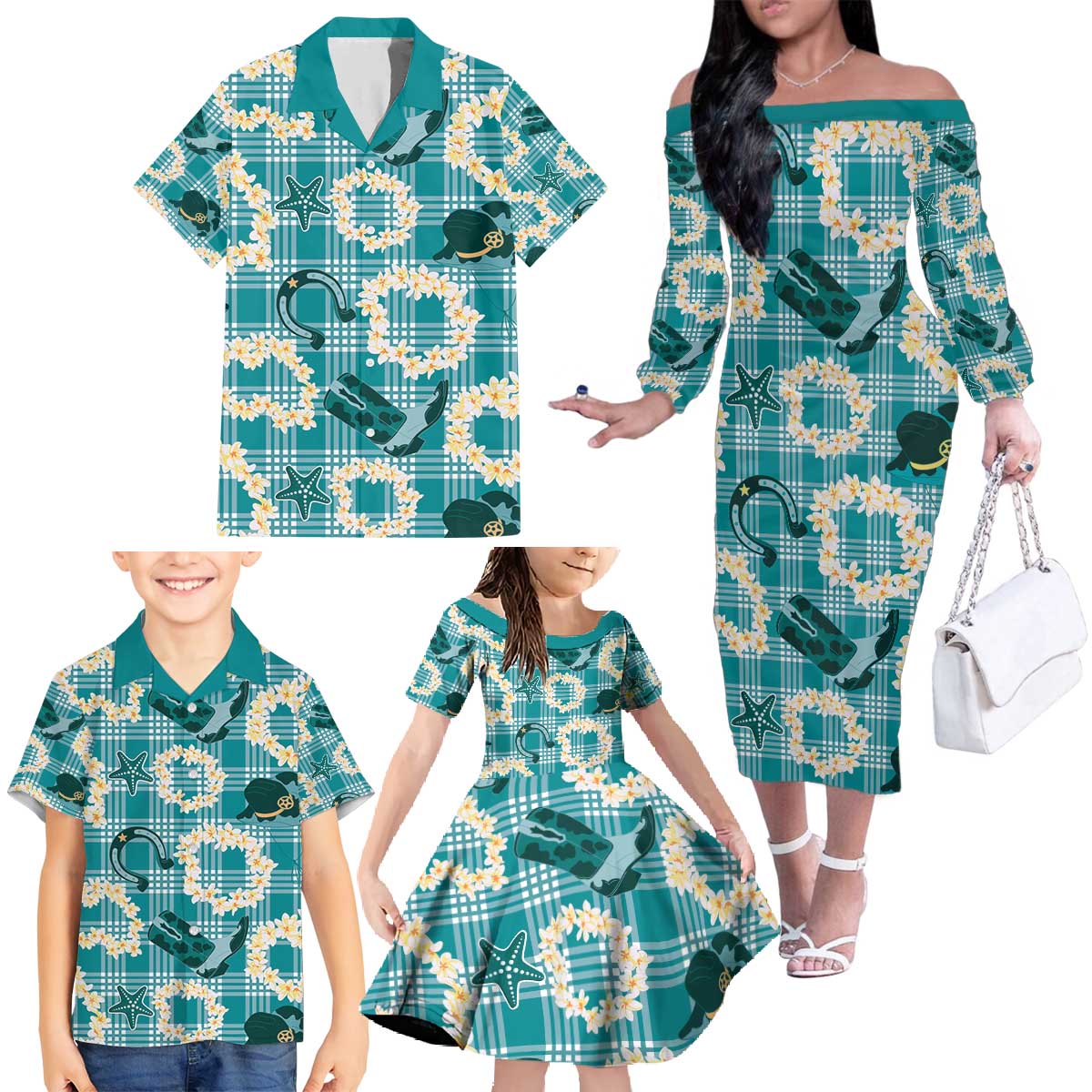 Aloha Hawaii Paniolo Teal Palaka Family Matching Off The Shoulder Long Sleeve Dress and Hawaiian Shirt Coastal Rodeo LT7 - Polynesian Pride