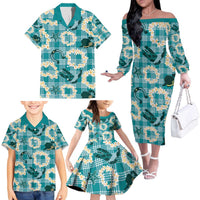 Aloha Hawaii Paniolo Teal Palaka Family Matching Off The Shoulder Long Sleeve Dress and Hawaiian Shirt Coastal Rodeo LT7 - Polynesian Pride