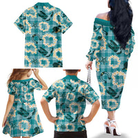 Aloha Hawaii Paniolo Teal Palaka Family Matching Off The Shoulder Long Sleeve Dress and Hawaiian Shirt Coastal Rodeo LT7 - Polynesian Pride