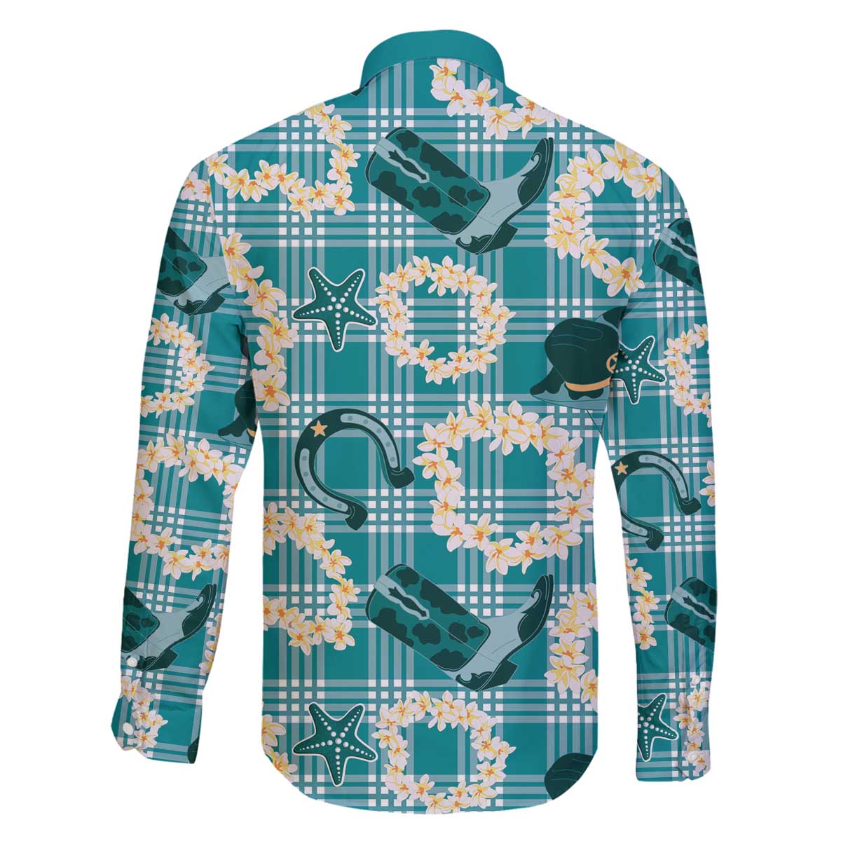 Aloha Hawaii Paniolo Teal Palaka Family Matching Off The Shoulder Long Sleeve Dress and Hawaiian Shirt Coastal Rodeo LT7 - Polynesian Pride