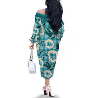 Aloha Hawaii Paniolo Teal Palaka Family Matching Off The Shoulder Long Sleeve Dress and Hawaiian Shirt Coastal Rodeo LT7 - Polynesian Pride
