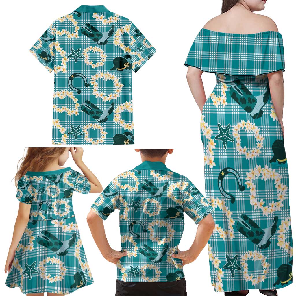 Aloha Hawaii Paniolo Teal Palaka Family Matching Off Shoulder Maxi Dress and Hawaiian Shirt Coastal Rodeo LT7 - Polynesian Pride