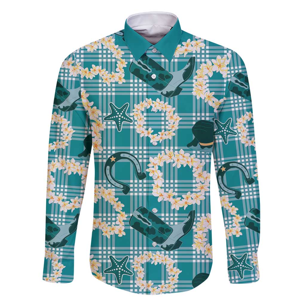 Aloha Hawaii Paniolo Teal Palaka Family Matching Off Shoulder Maxi Dress and Hawaiian Shirt Coastal Rodeo LT7 Dad's Shirt - Long Sleeve Teal - Polynesian Pride