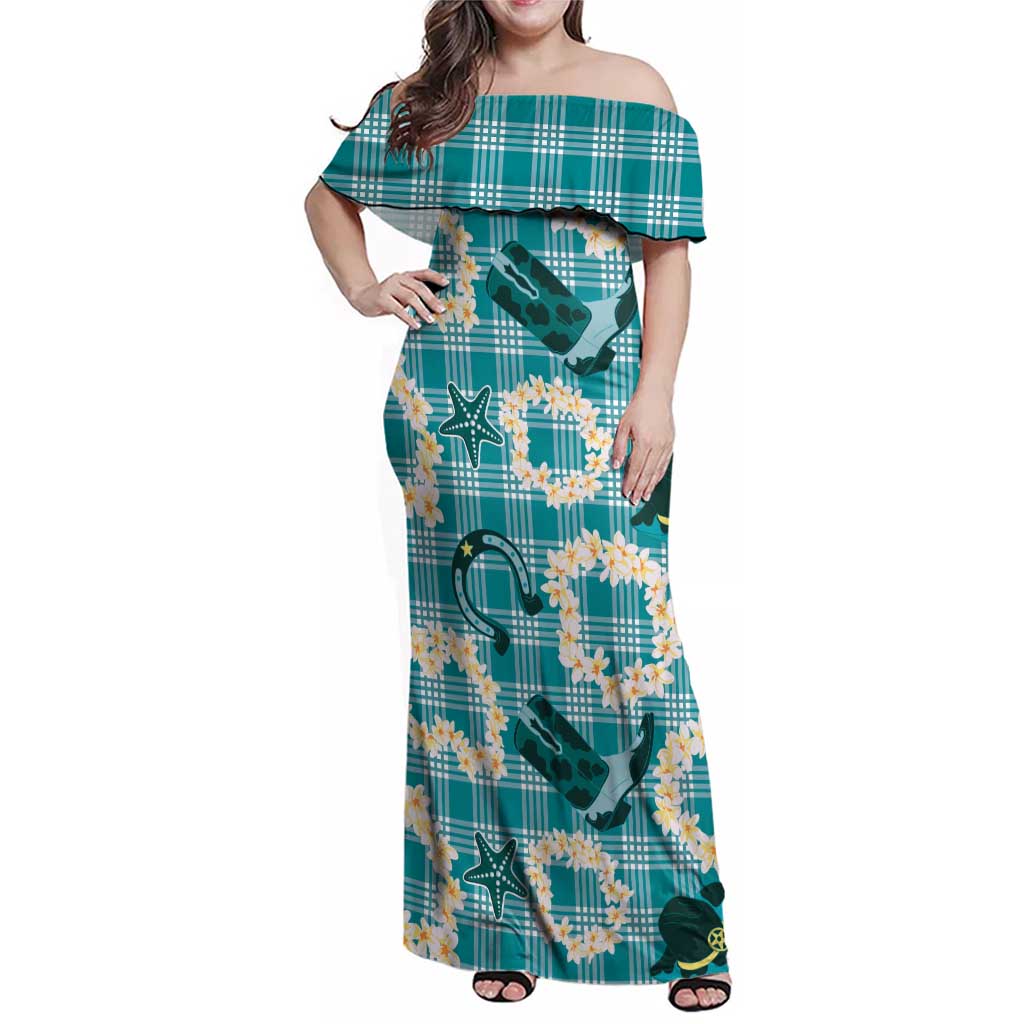 Aloha Hawaii Paniolo Teal Palaka Family Matching Off Shoulder Maxi Dress and Hawaiian Shirt Coastal Rodeo LT7 Mom's Dress Teal - Polynesian Pride