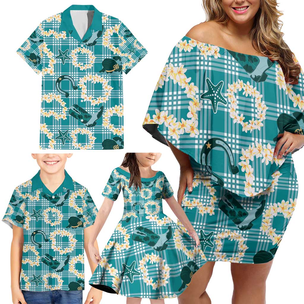 Aloha Hawaii Paniolo Teal Palaka Family Matching Off Shoulder Short Dress and Hawaiian Shirt Coastal Rodeo LT7 - Polynesian Pride