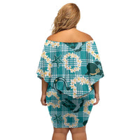 Aloha Hawaii Paniolo Teal Palaka Family Matching Off Shoulder Short Dress and Hawaiian Shirt Coastal Rodeo LT7 - Polynesian Pride