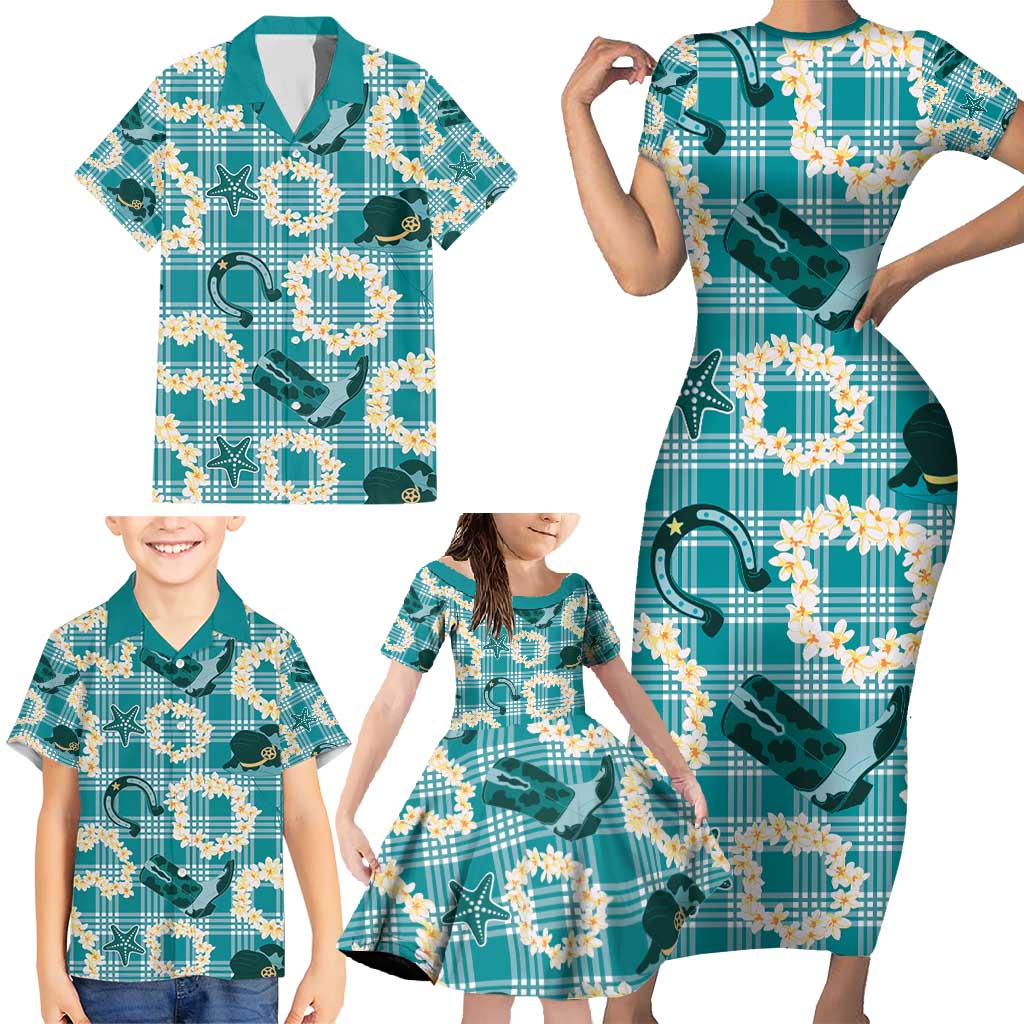Aloha Hawaii Paniolo Teal Palaka Family Matching Short Sleeve Bodycon Dress and Hawaiian Shirt Coastal Rodeo LT7 - Polynesian Pride