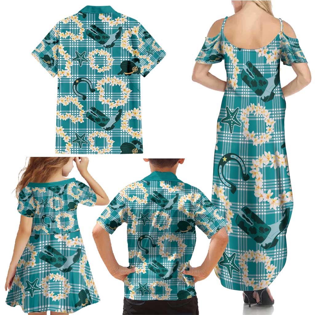 Aloha Hawaii Paniolo Teal Palaka Family Matching Summer Maxi Dress and Hawaiian Shirt Coastal Rodeo LT7 - Polynesian Pride