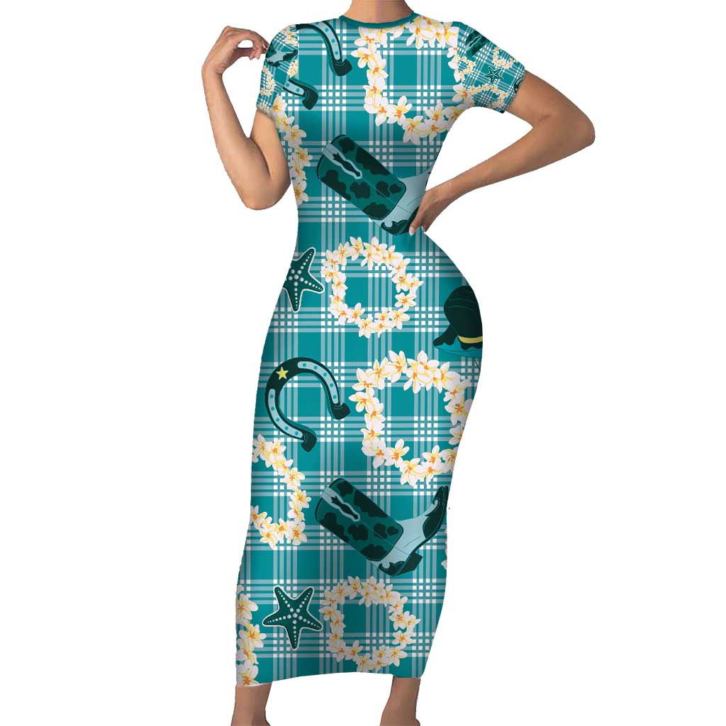 Aloha Hawaii Paniolo Teal Palaka Short Sleeve Bodycon Dress Coastal Rodeo - Polynesian Pride