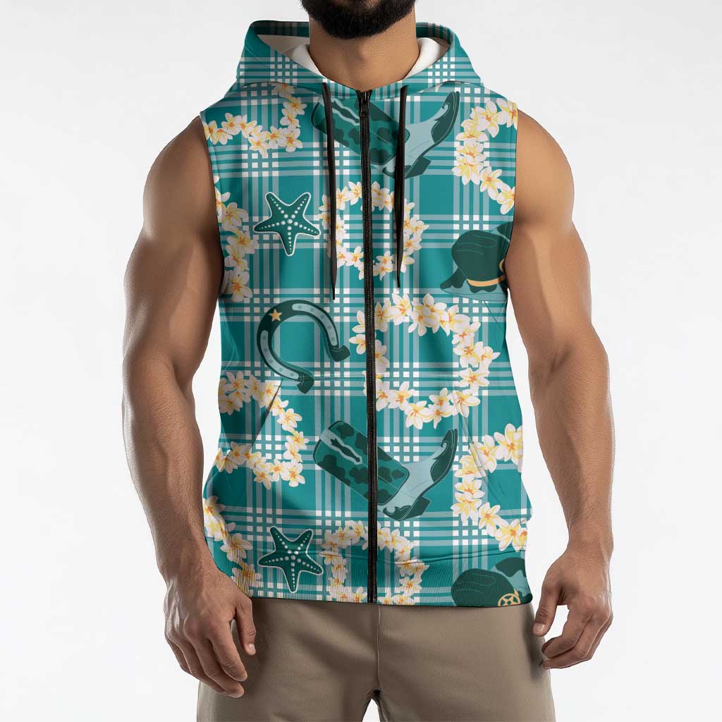 Aloha Hawaii Paniolo Teal Palaka Sleeveless Zip Hoodie Coastal Rodeo LT7