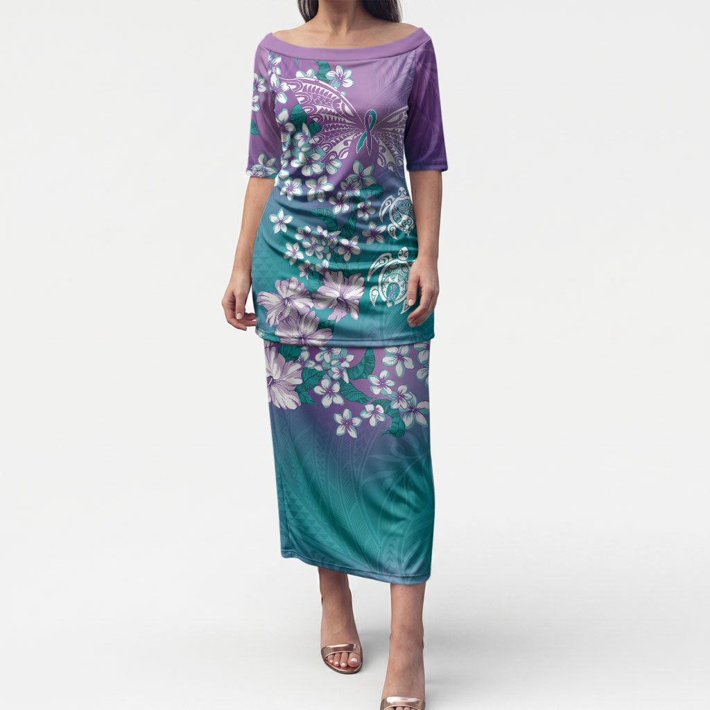Dreamy Butterfly Polynesian Purple Teal Tribal Art Puletasi Floral Vibes LT7 Long Dress Purple Teal - Polynesian Pride