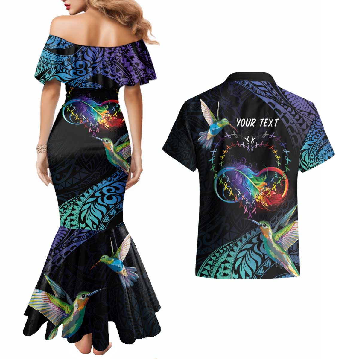 Polynesian Cancers Awareness Couples Matching Mermaid Dress and Hawaiian Shirt Hummingbird - Fly High Until We Meet Again