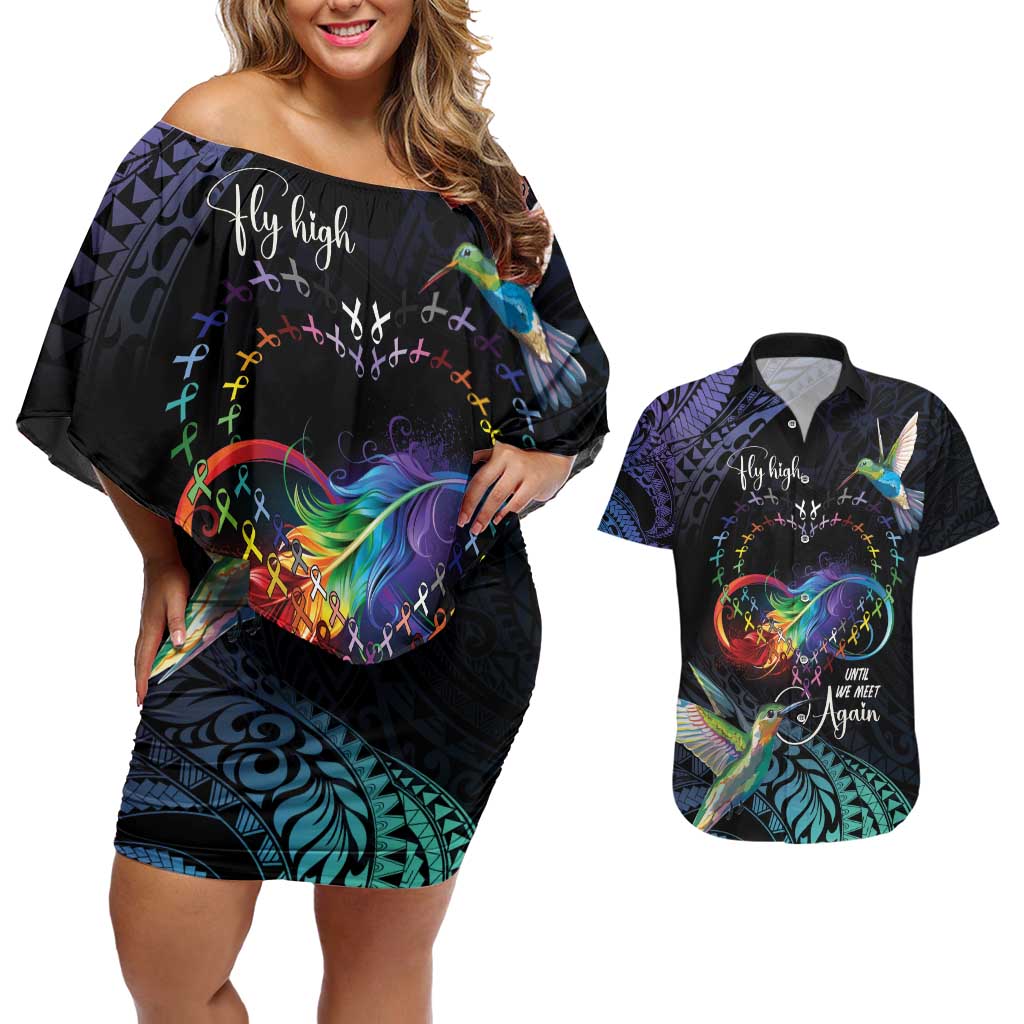 Polynesian Cancers Awareness Couples Matching Off Shoulder Short Dress and Hawaiian Shirt Hummingbird - Fly High Until We Meet Again