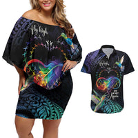 Polynesian Cancers Awareness Couples Matching Off Shoulder Short Dress and Hawaiian Shirt Hummingbird - Fly High Until We Meet Again