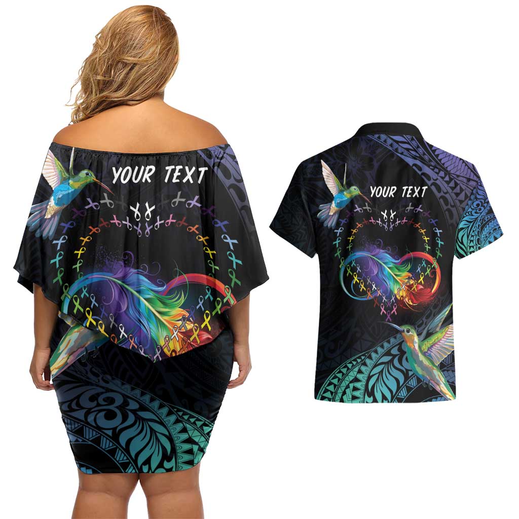 Polynesian Cancers Awareness Couples Matching Off Shoulder Short Dress and Hawaiian Shirt Hummingbird - Fly High Until We Meet Again