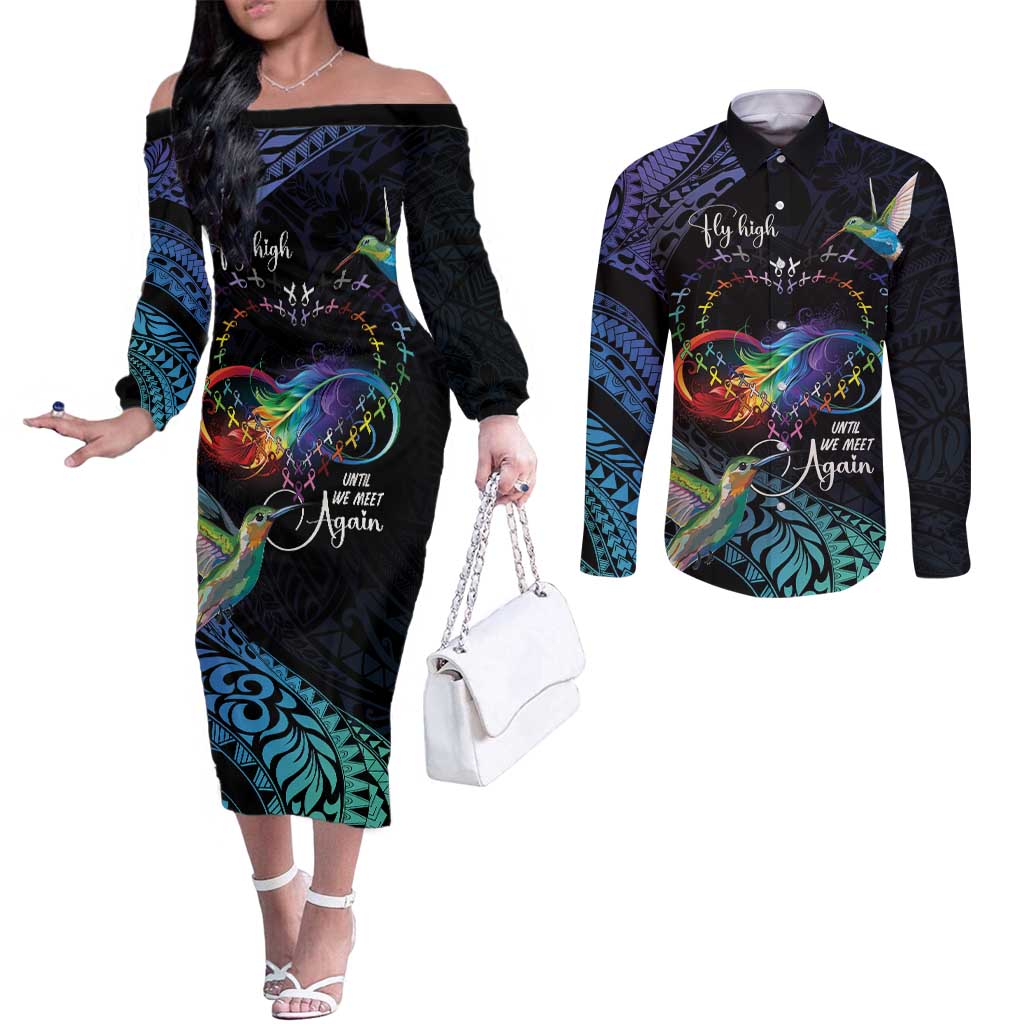 Polynesian Cancers Awareness Couples Matching Off The Shoulder Long Sleeve Dress and Long Sleeve Button Shirt Hummingbird - Fly High Until We Meet Again