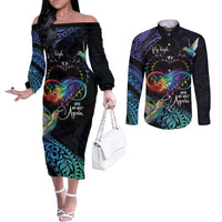 Polynesian Cancers Awareness Couples Matching Off The Shoulder Long Sleeve Dress and Long Sleeve Button Shirt Hummingbird - Fly High Until We Meet Again