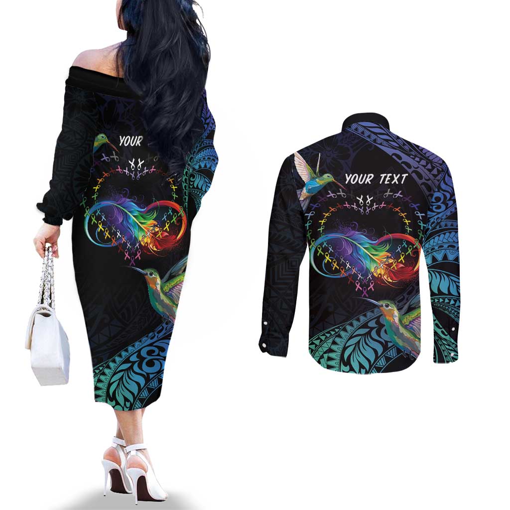 Polynesian Cancers Awareness Couples Matching Off The Shoulder Long Sleeve Dress and Long Sleeve Button Shirt Hummingbird - Fly High Until We Meet Again
