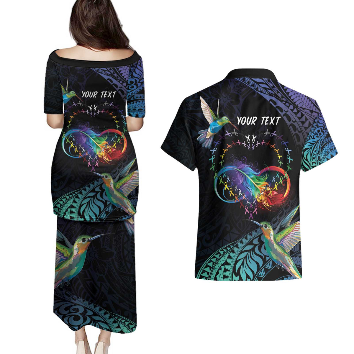 Polynesian Cancers Awareness Couples Matching Puletasi and Hawaiian Shirt Hummingbird - Fly High Until We Meet Again