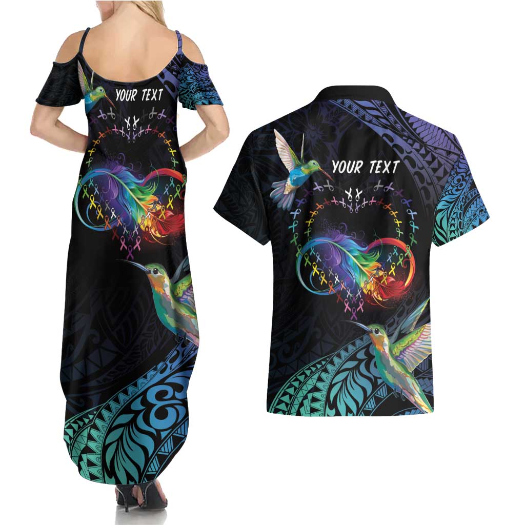 Polynesian Cancers Awareness Couples Matching Summer Maxi Dress and Hawaiian Shirt Hummingbird - Fly High Until We Meet Again