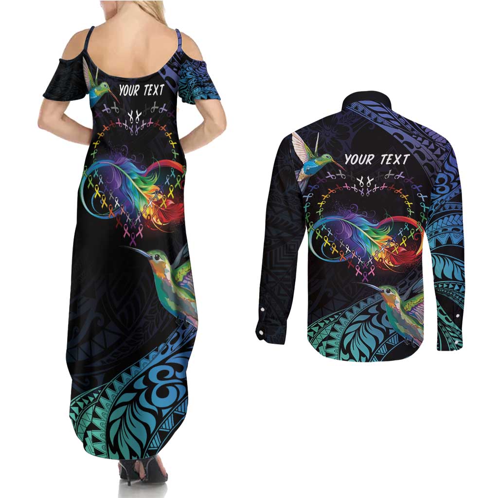 Polynesian Cancers Awareness Couples Matching Summer Maxi Dress and Long Sleeve Button Shirt Hummingbird - Fly High Until We Meet Again