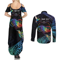 Polynesian Cancers Awareness Couples Matching Summer Maxi Dress and Long Sleeve Button Shirt Hummingbird - Fly High Until We Meet Again
