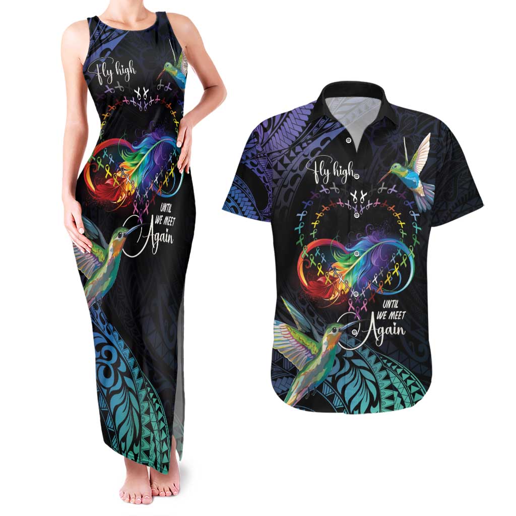 Polynesian Cancers Awareness Couples Matching Tank Maxi Dress and Hawaiian Shirt Hummingbird - Fly High Until We Meet Again