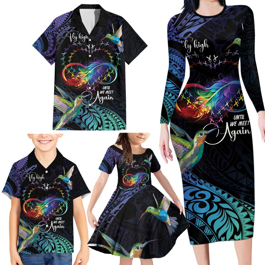 Polynesian Cancers Awareness Family Matching Long Sleeve Bodycon Dress and Hawaiian Shirt Hummingbird - Fly High Until We Meet Again LT7 - Polynesian Pride