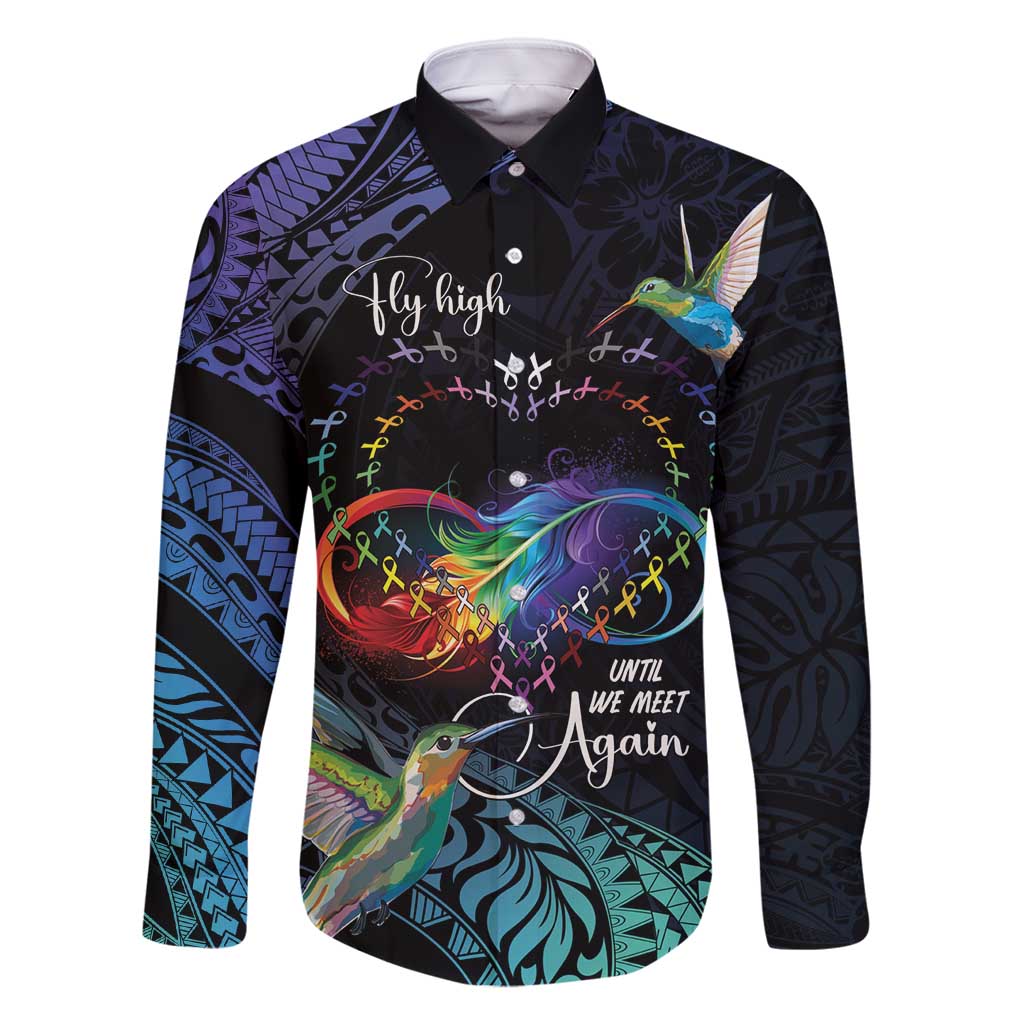 Polynesian Cancers Awareness Family Matching Long Sleeve Bodycon Dress and Hawaiian Shirt Hummingbird - Fly High Until We Meet Again LT7 Dad's Shirt - Long Sleeve Colorful - Polynesian Pride