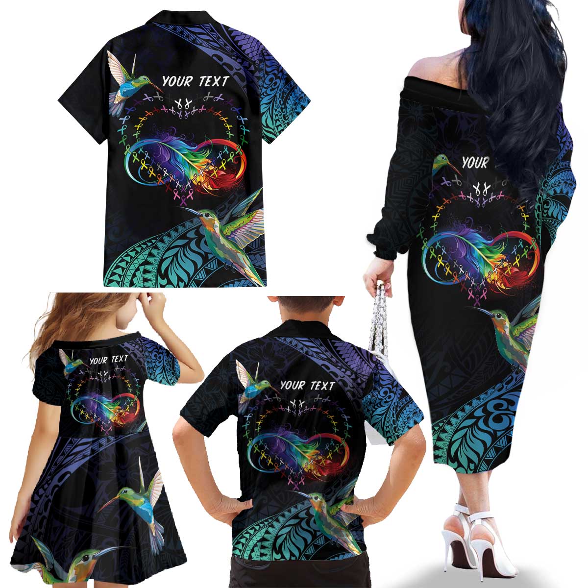 Polynesian Cancers Awareness Family Matching Off The Shoulder Long Sleeve Dress and Hawaiian Shirt Hummingbird - Fly High Until We Meet Again LT7 - Polynesian Pride