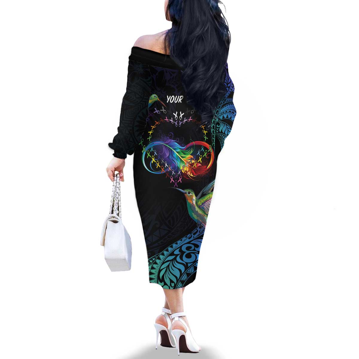Polynesian Cancers Awareness Family Matching Off The Shoulder Long Sleeve Dress and Hawaiian Shirt Hummingbird - Fly High Until We Meet Again LT7 - Polynesian Pride