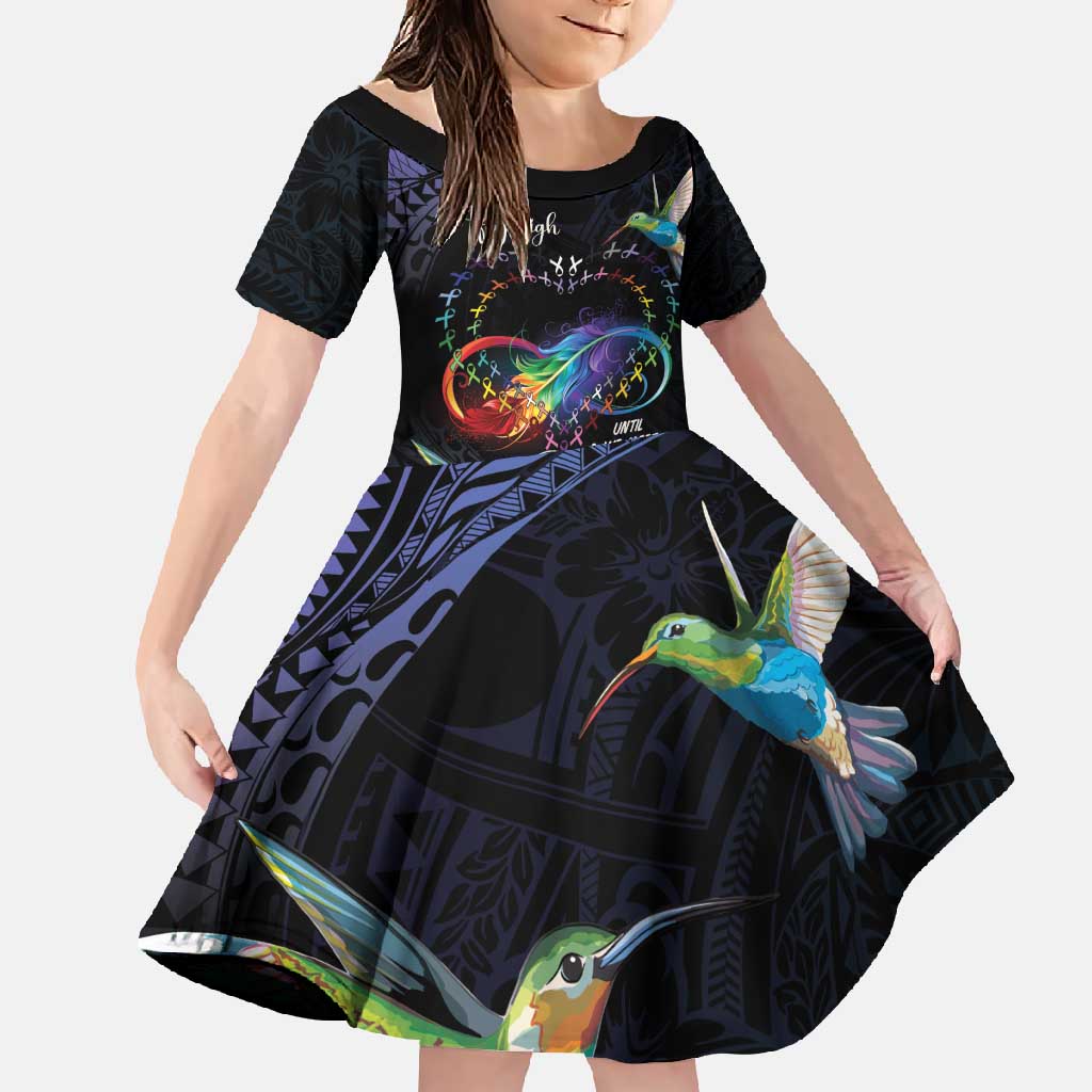 Polynesian Cancers Awareness Family Matching Off Shoulder Maxi Dress and Hawaiian Shirt Hummingbird - Fly High Until We Meet Again LT7 Daughter's Dress Colorful - Polynesian Pride