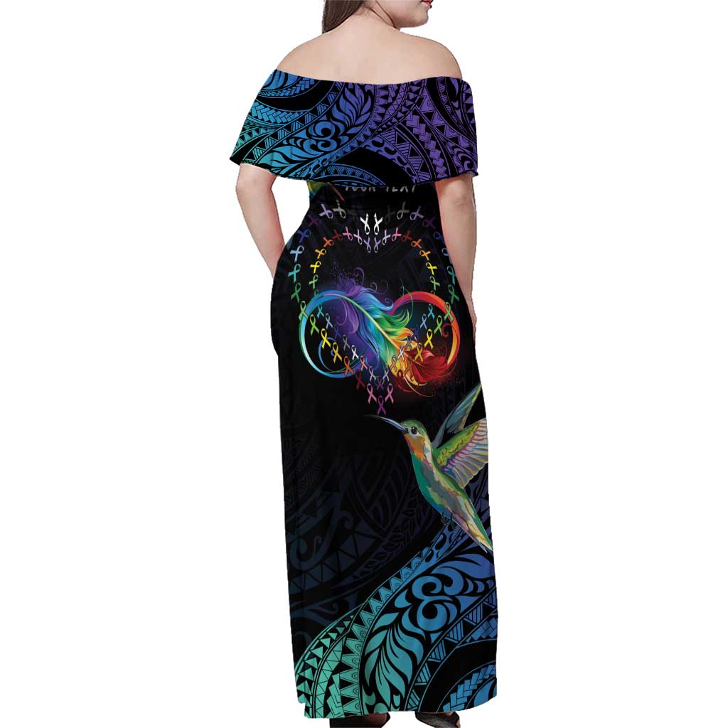 Polynesian Cancers Awareness Family Matching Off Shoulder Maxi Dress and Hawaiian Shirt Hummingbird - Fly High Until We Meet Again LT7 - Polynesian Pride