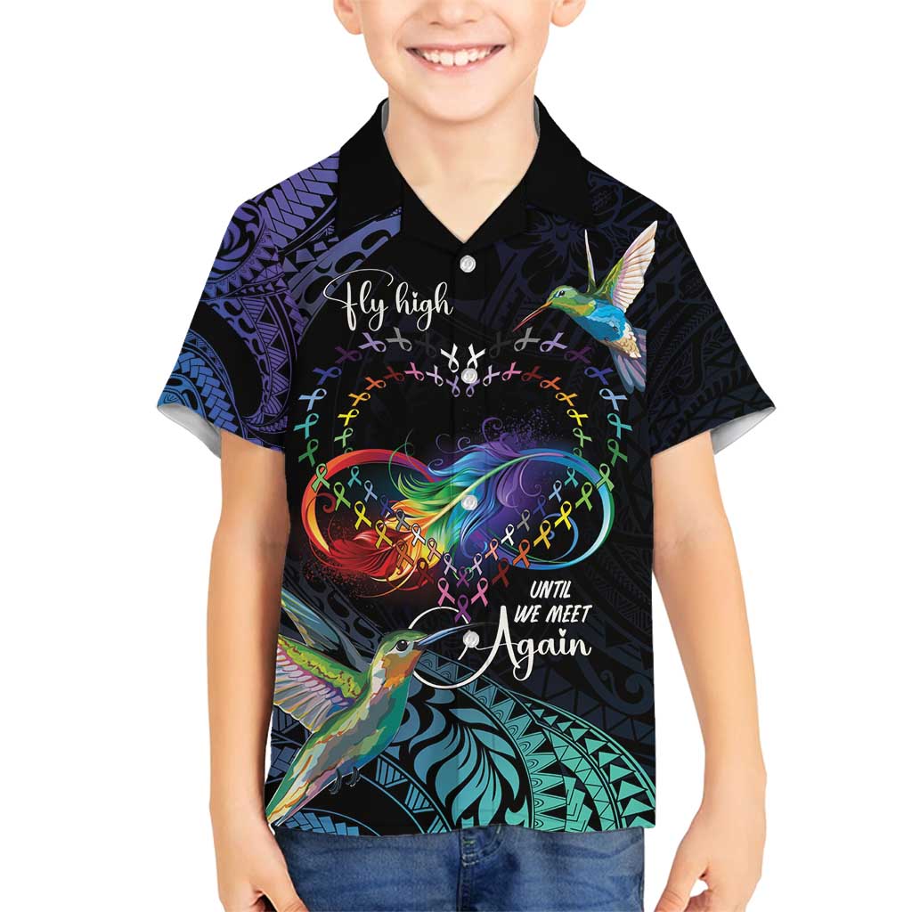 Polynesian Cancers Awareness Family Matching Off Shoulder Maxi Dress and Hawaiian Shirt Hummingbird - Fly High Until We Meet Again LT7 Son's Shirt Colorful - Polynesian Pride