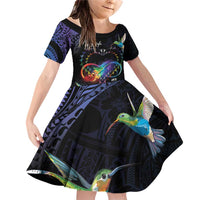 Polynesian Cancers Awareness Family Matching Off Shoulder Short Dress and Hawaiian Shirt Hummingbird - Fly High Until We Meet Again LT7 Daughter's Dress Colorful - Polynesian Pride