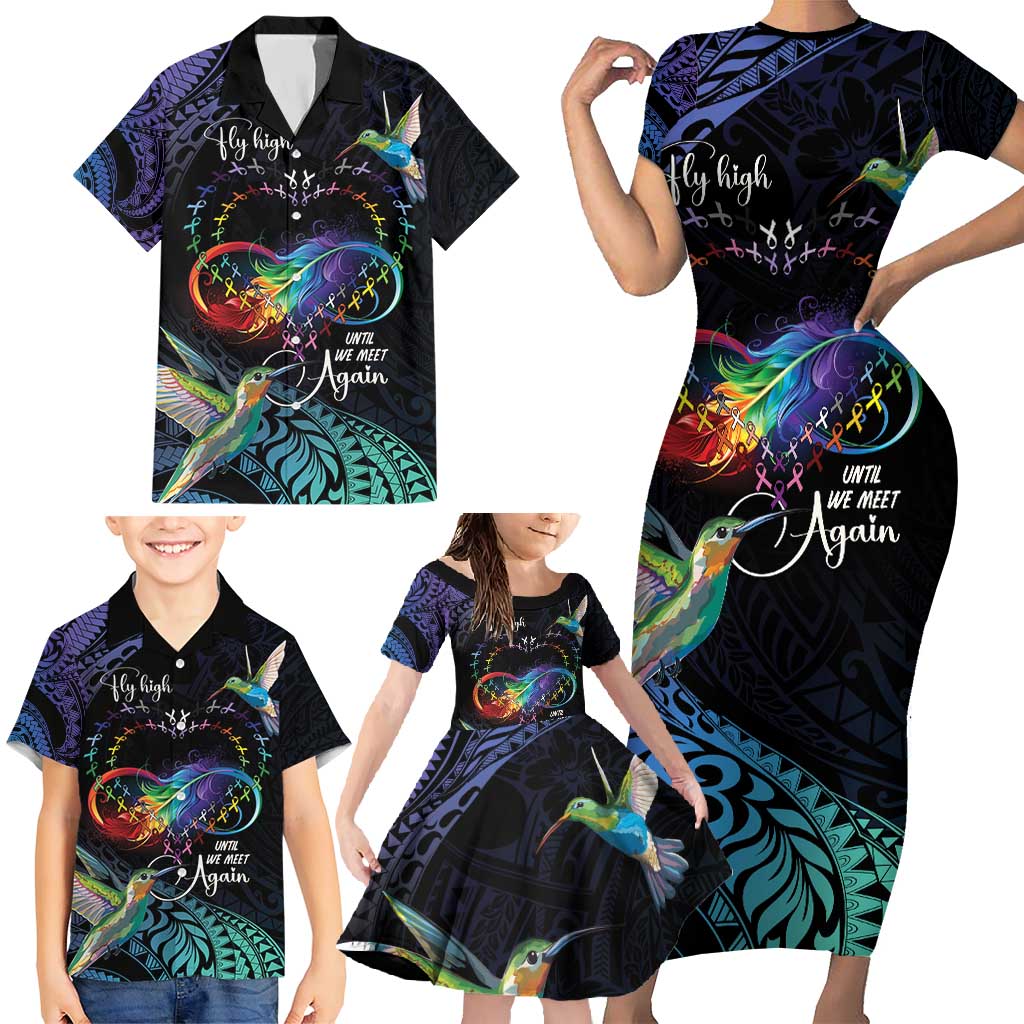 Polynesian Cancers Awareness Family Matching Short Sleeve Bodycon Dress and Hawaiian Shirt Hummingbird - Fly High Until We Meet Again LT7 - Polynesian Pride