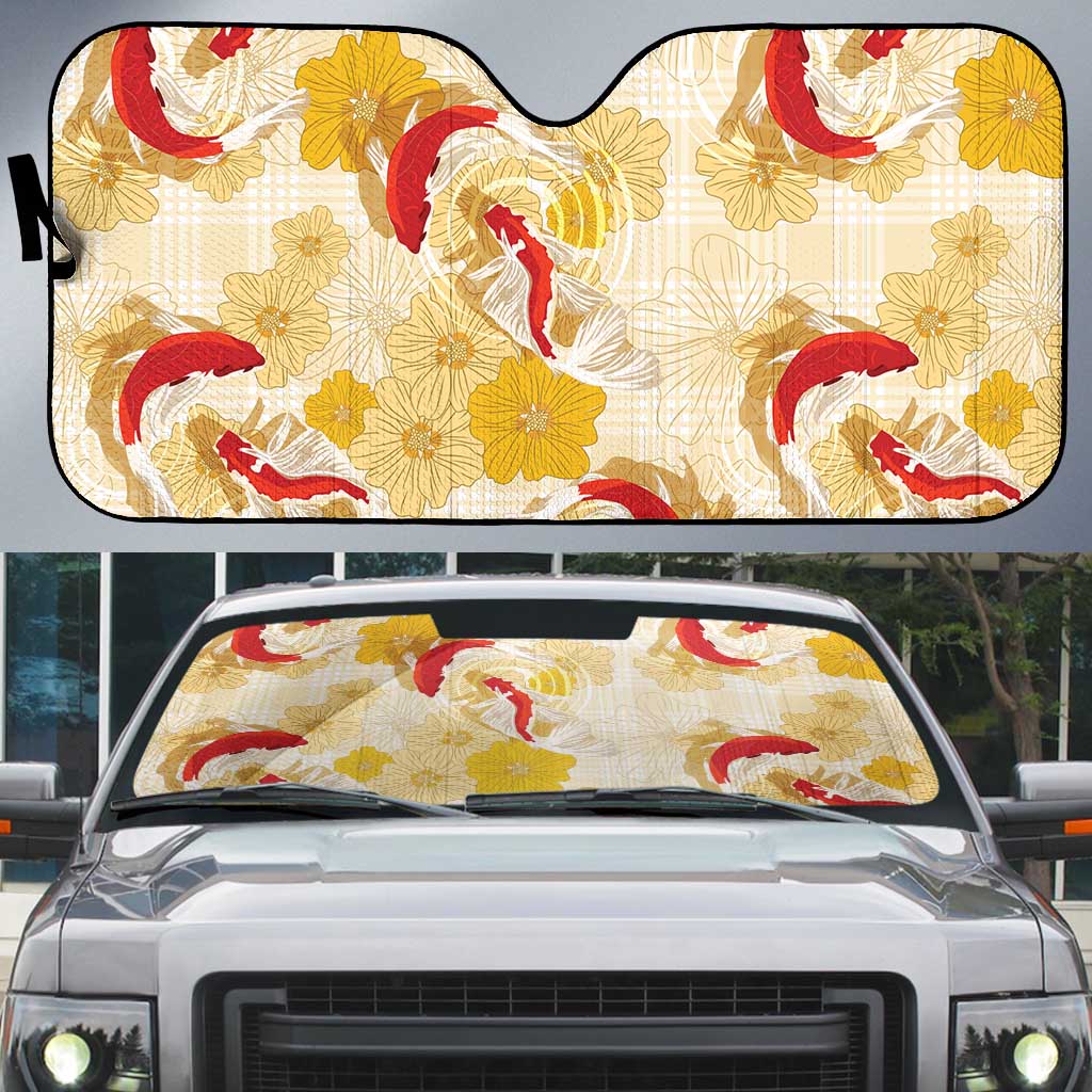 Beige Palaka Hawaii Aloha Auto Sun Shade Koi Pond Mix Ilima Flowers - Polynesian Pride