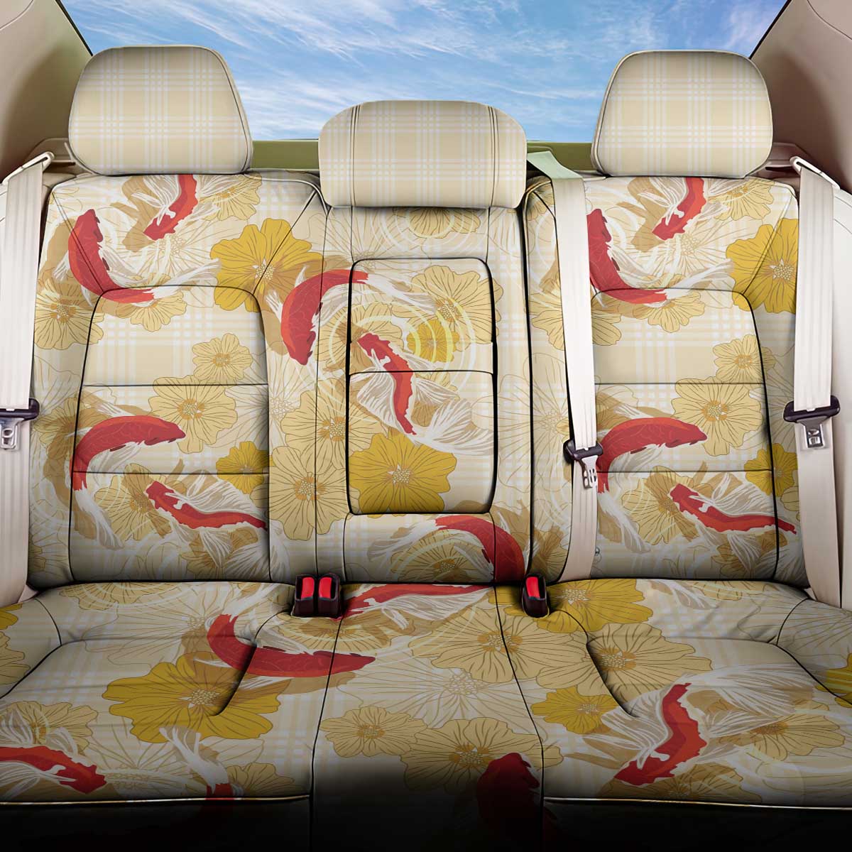 Beige Palaka Hawaii Aloha Back Car Seat Cover Koi Pond Mix Ilima Flowers LT7 One Size Cream Yellow - Polynesian Pride