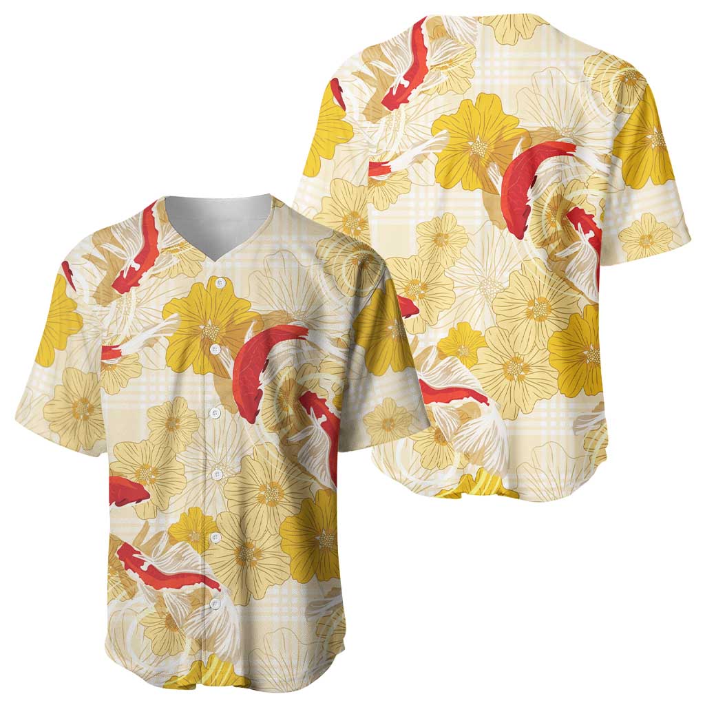 Beige Palaka Hawaii Aloha Baseball Jersey Koi Pond Mix Ilima Flowers - Polynesian Pride