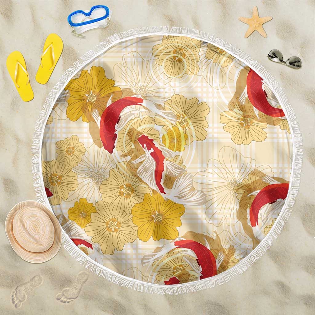Beige Palaka Hawaii Aloha Beach Blanket Koi Pond Mix Ilima Flowers LT7 One Size 150cm Cream Yellow - Polynesian Pride