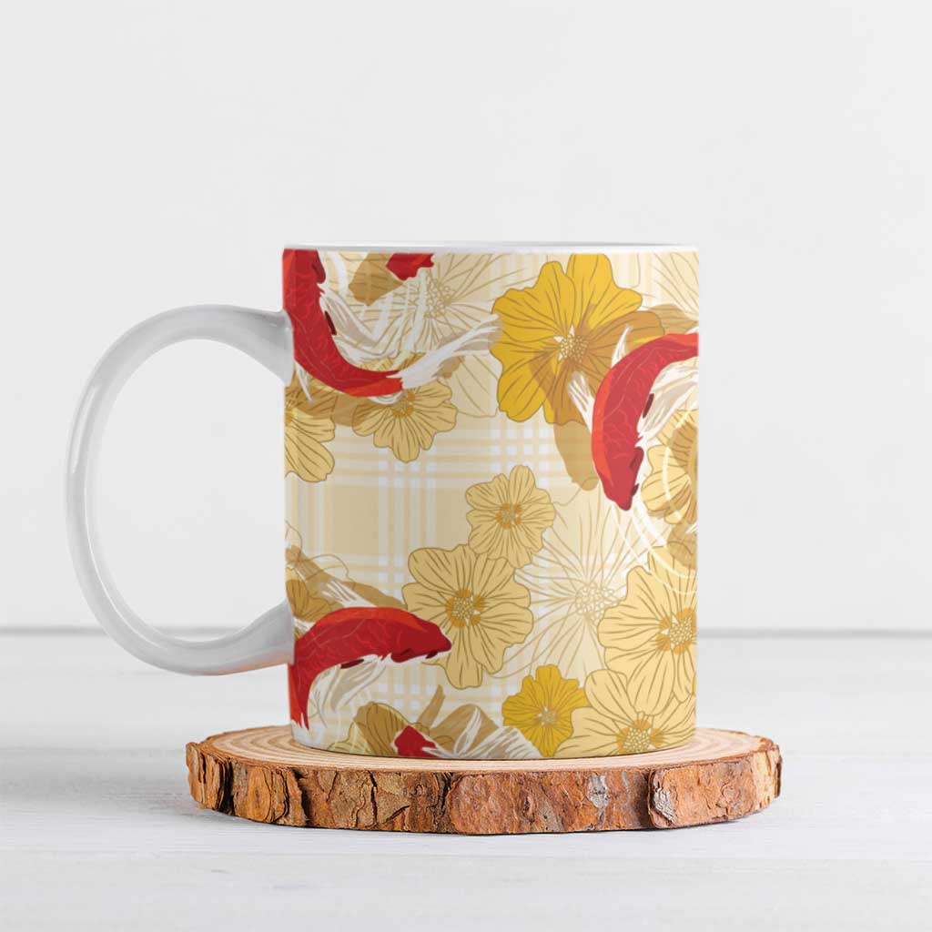 Beige Palaka Hawaii Aloha Ceramic Mug Koi Pond Mix Ilima Flowers - Polynesian Pride