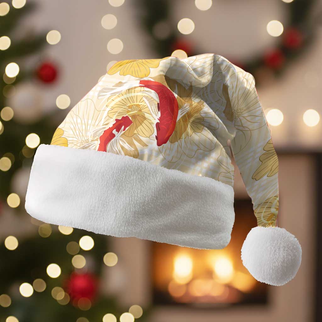 Beige Palaka Hawaii Aloha Christmas Santa Hat Koi Pond Mix Ilima Flowers LT7 Without Fur Cream Yellow - Polynesian Pride