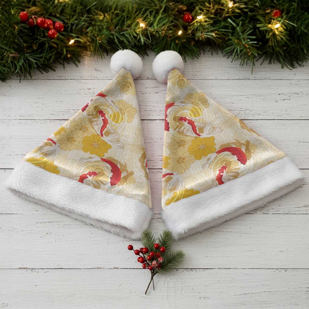 Beige Palaka Hawaii Aloha Christmas Santa Hat Koi Pond Mix Ilima Flowers LT7 - Polynesian Pride