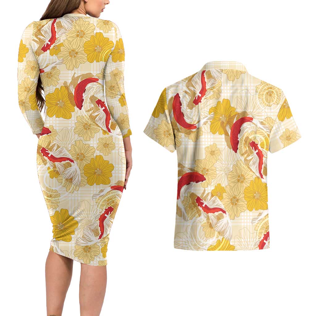 Beige Palaka Hawaii Aloha Couples Matching Long Sleeve Bodycon Dress and Hawaiian Shirt Koi Pond Mix Ilima Flowers LT7 - Polynesian Pride