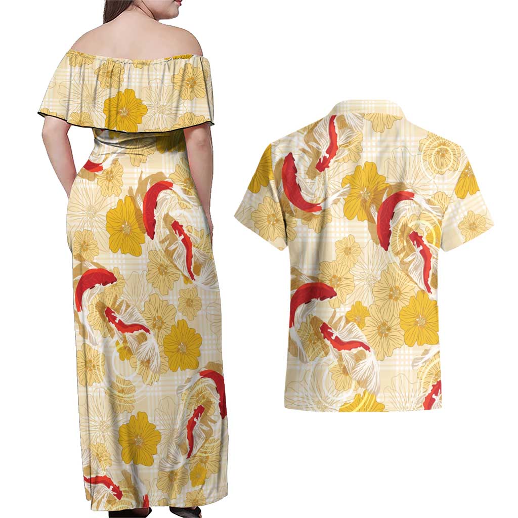 Beige Palaka Hawaii Aloha Couples Matching Off Shoulder Maxi Dress and Hawaiian Shirt Koi Pond Mix Ilima Flowers - Polynesian Pride
