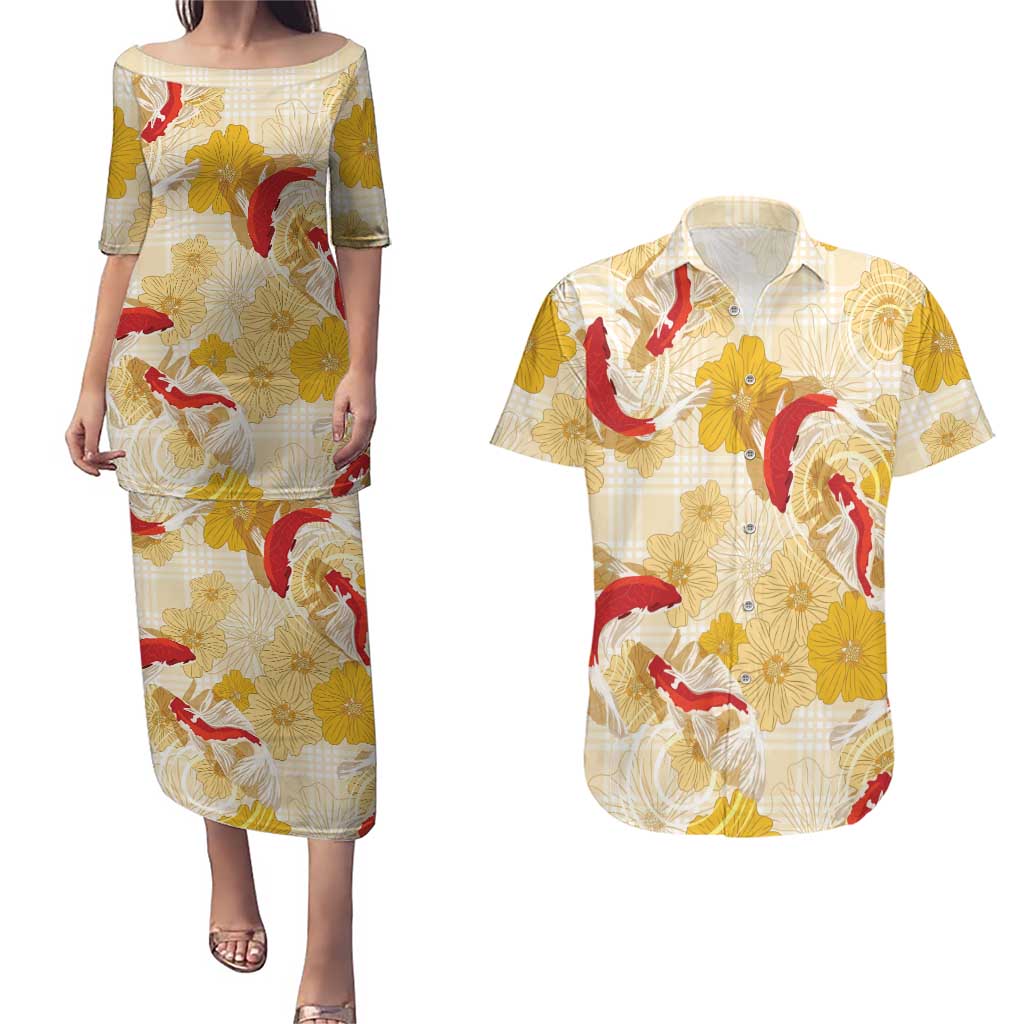 Beige Palaka Hawaii Aloha Couples Matching Puletasi and Hawaiian Shirt Koi Pond Mix Ilima Flowers - Polynesian Pride