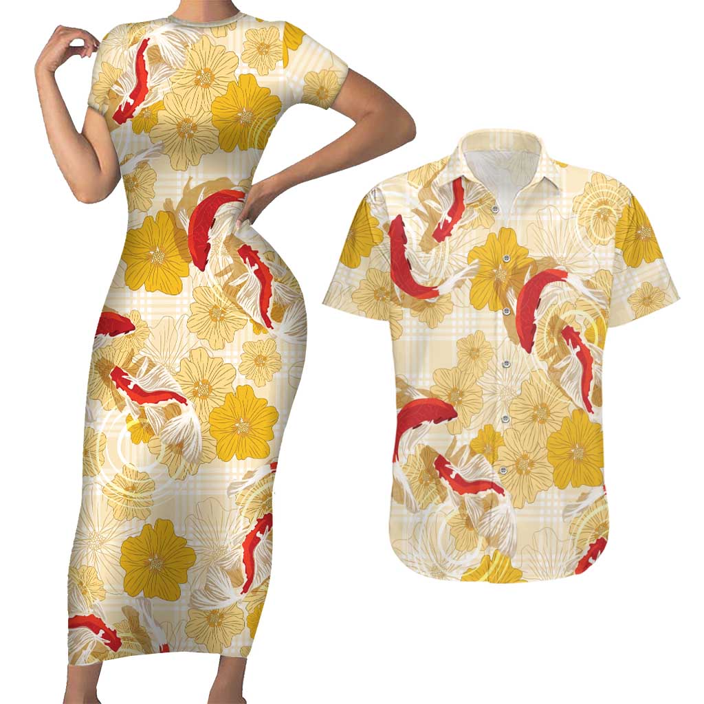 Beige Palaka Hawaii Aloha Couples Matching Short Sleeve Bodycon Dress and Hawaiian Shirt Koi Pond Mix Ilima Flowers LT7 Cream Yellow - Polynesian Pride
